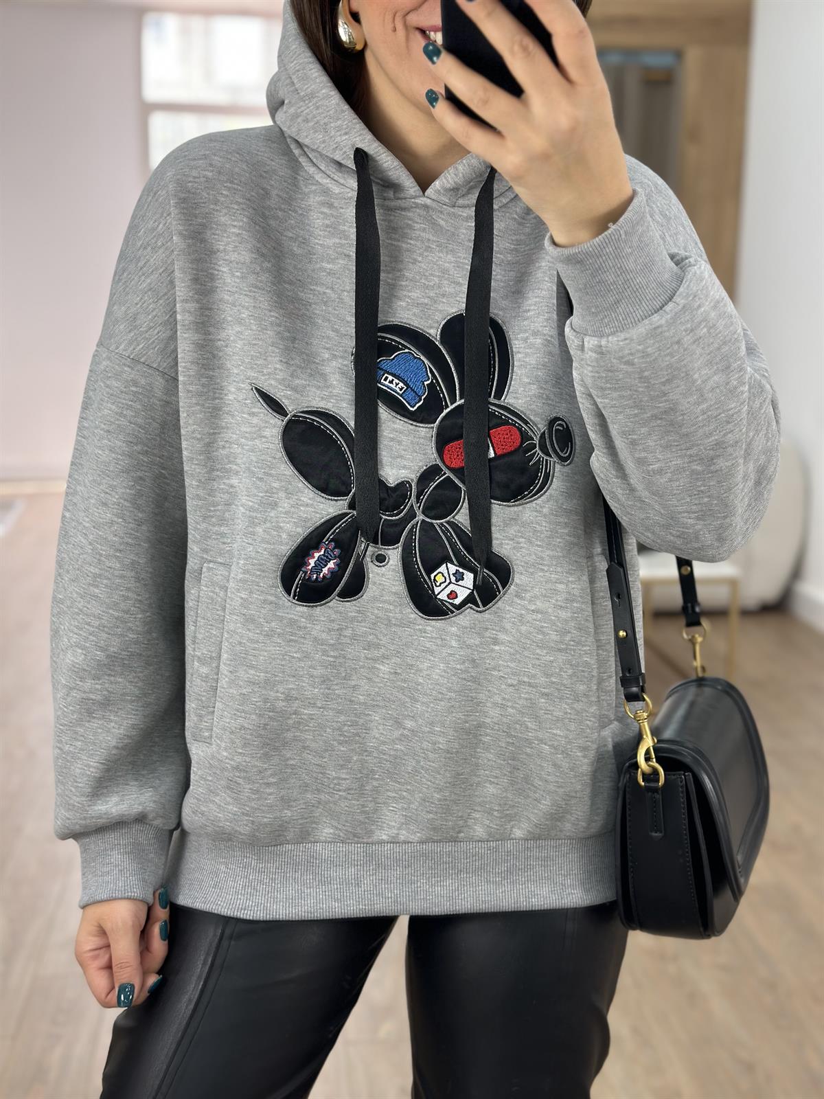 Marka Model Nakış Detaylı Swetshirt-Gri