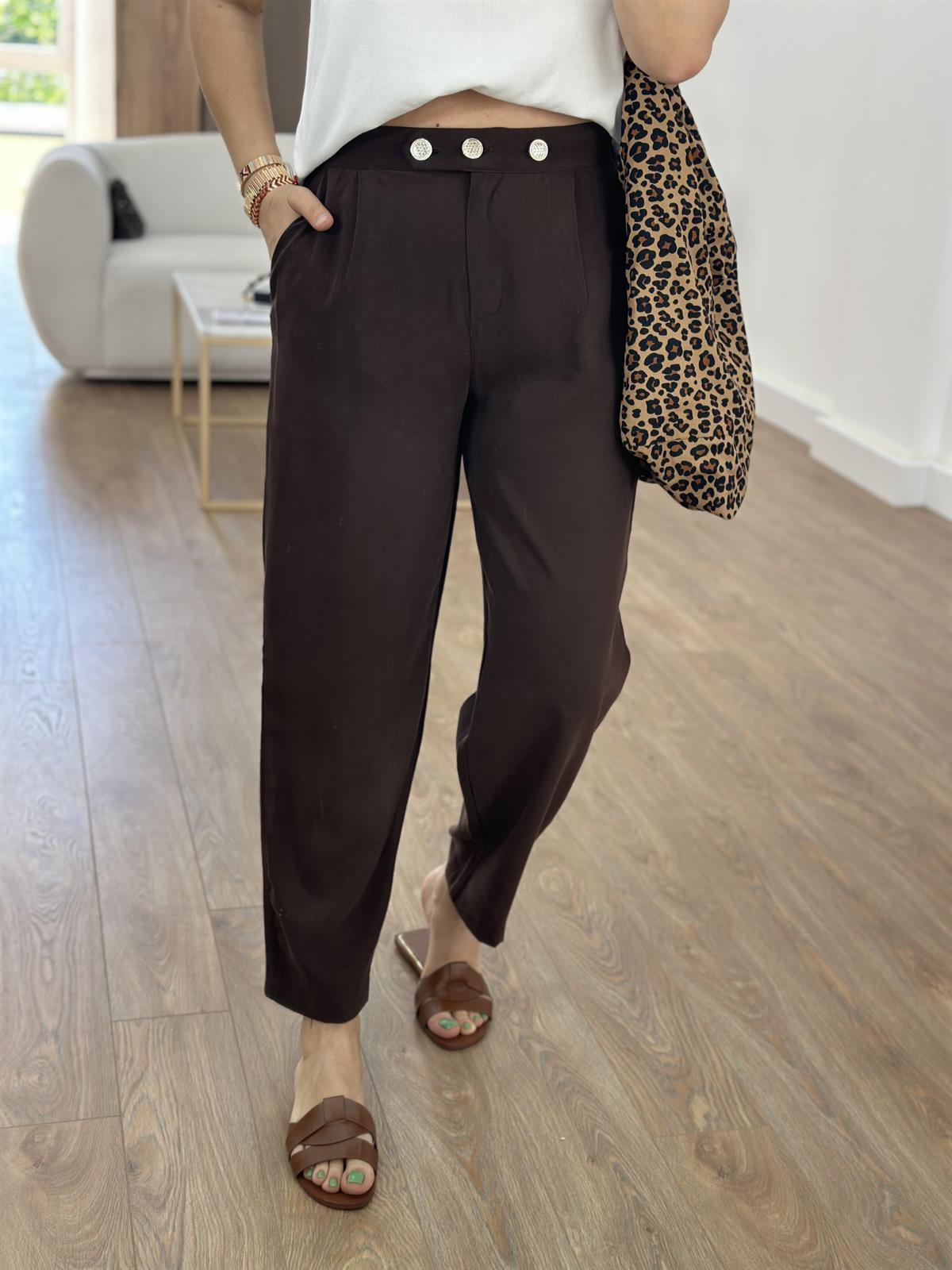 Marka Model Taş Düğmeli Tensel Pantolon-Kahverengi