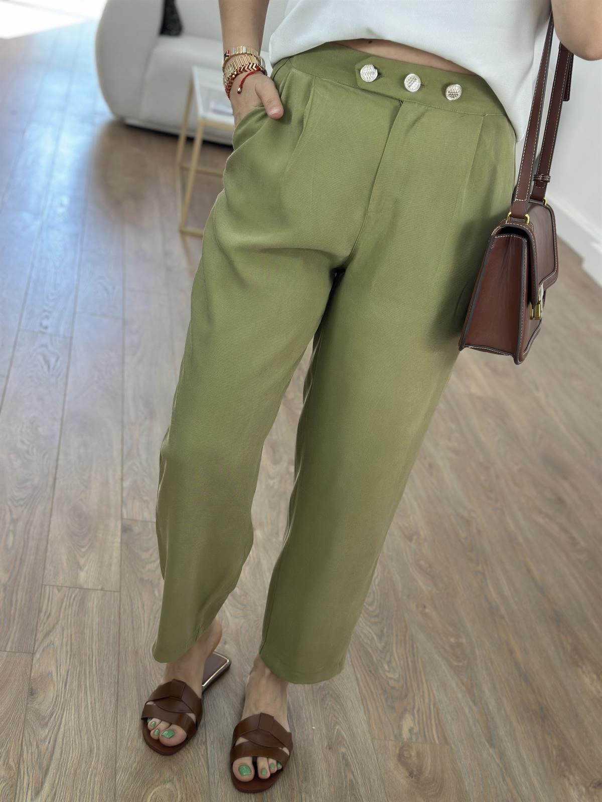 Marka Model Taş Düğmeli Tensel Pantolon-Yeşil