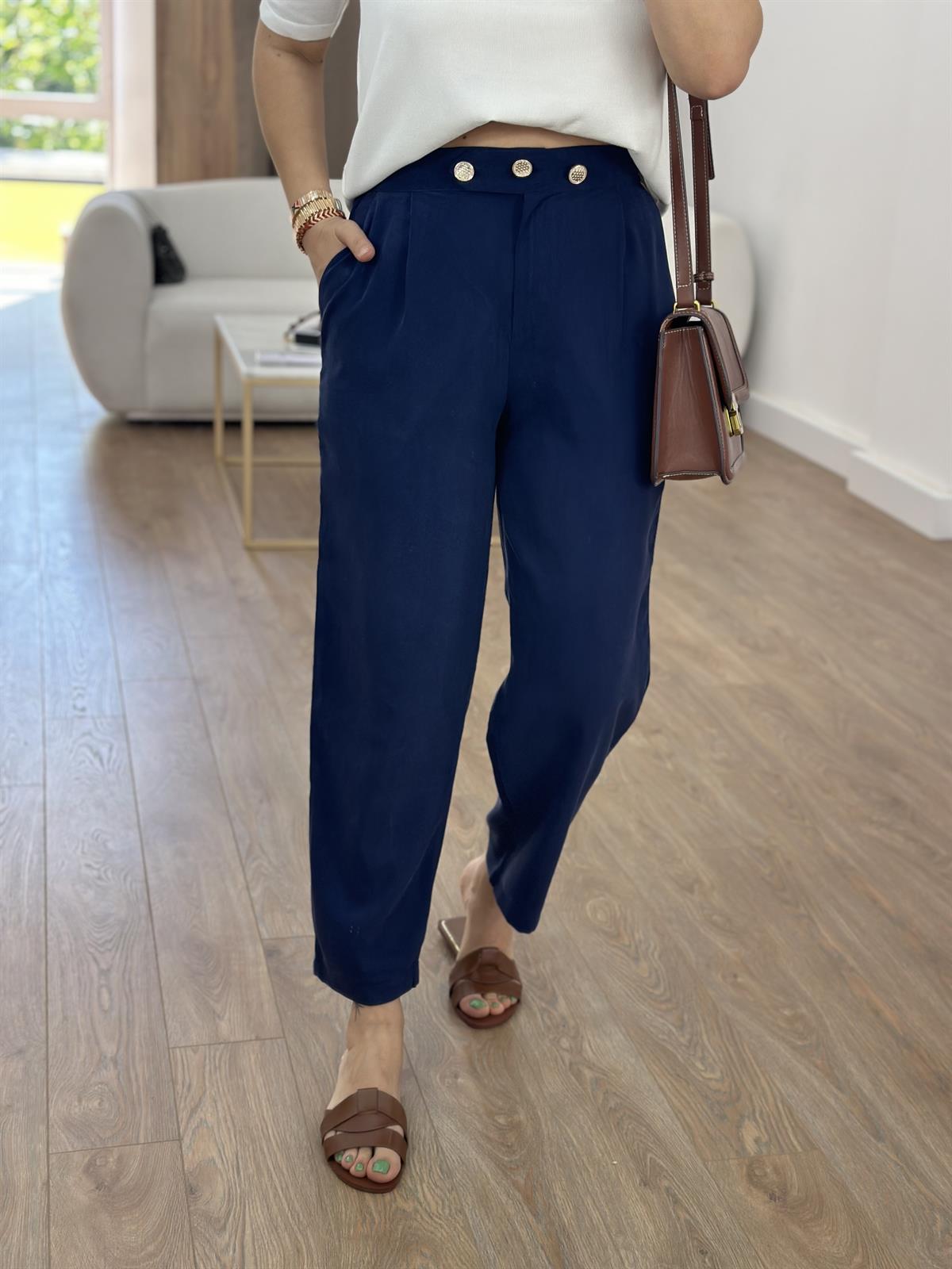 Marka Model Taş Düğmeli Tensel Pantolon-Lacivert