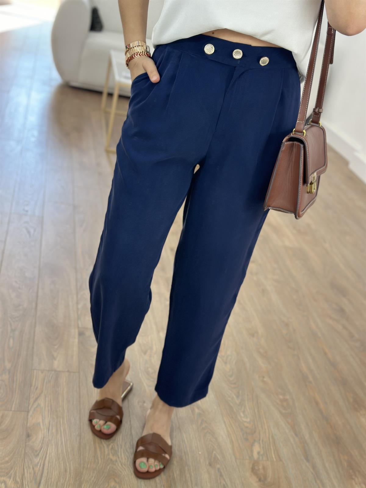 Marka Model Taş Düğmeli Tensel Pantolon-Lacivert