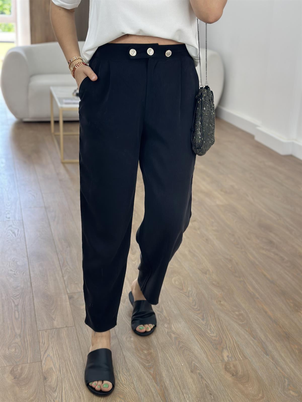 Marka Model Taş Düğmeli Tensel Pantolon-Siyah