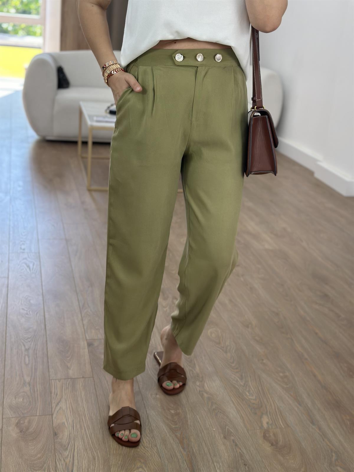 Marka Model Taş Düğmeli Tensel Pantolon-Yeşil