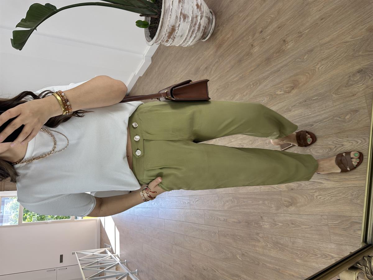 Marka Model Taş Düğmeli Tensel Pantolon-Yeşil