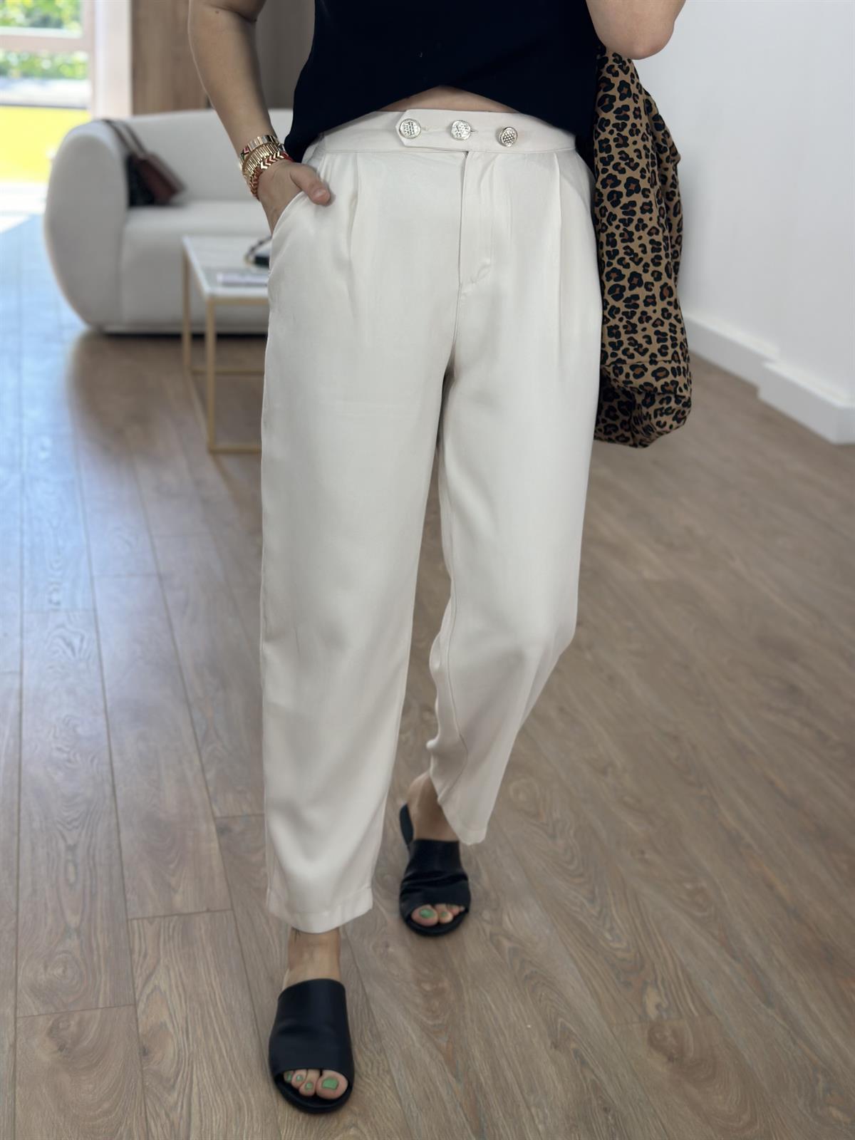 Marka Model Taş Düğmeli Tensel Pantolon-Krem