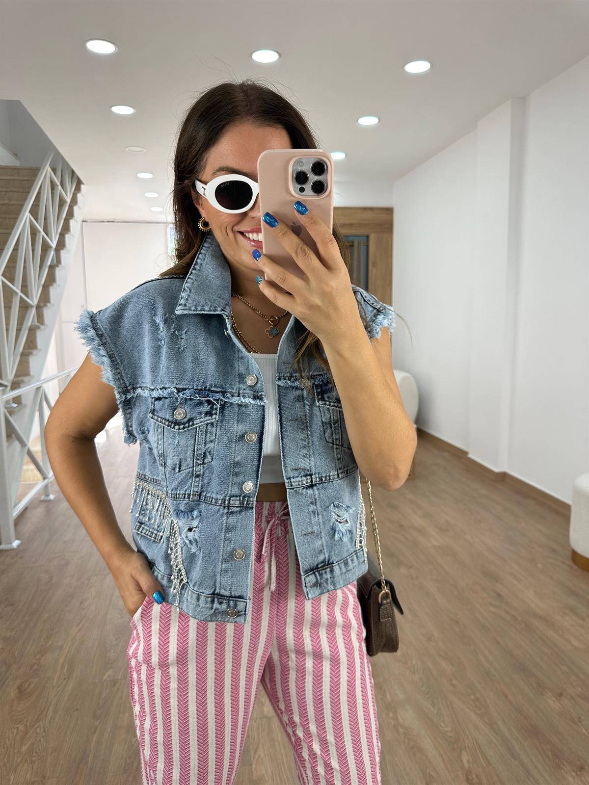 Marka Model Taşlı Jean Yelek