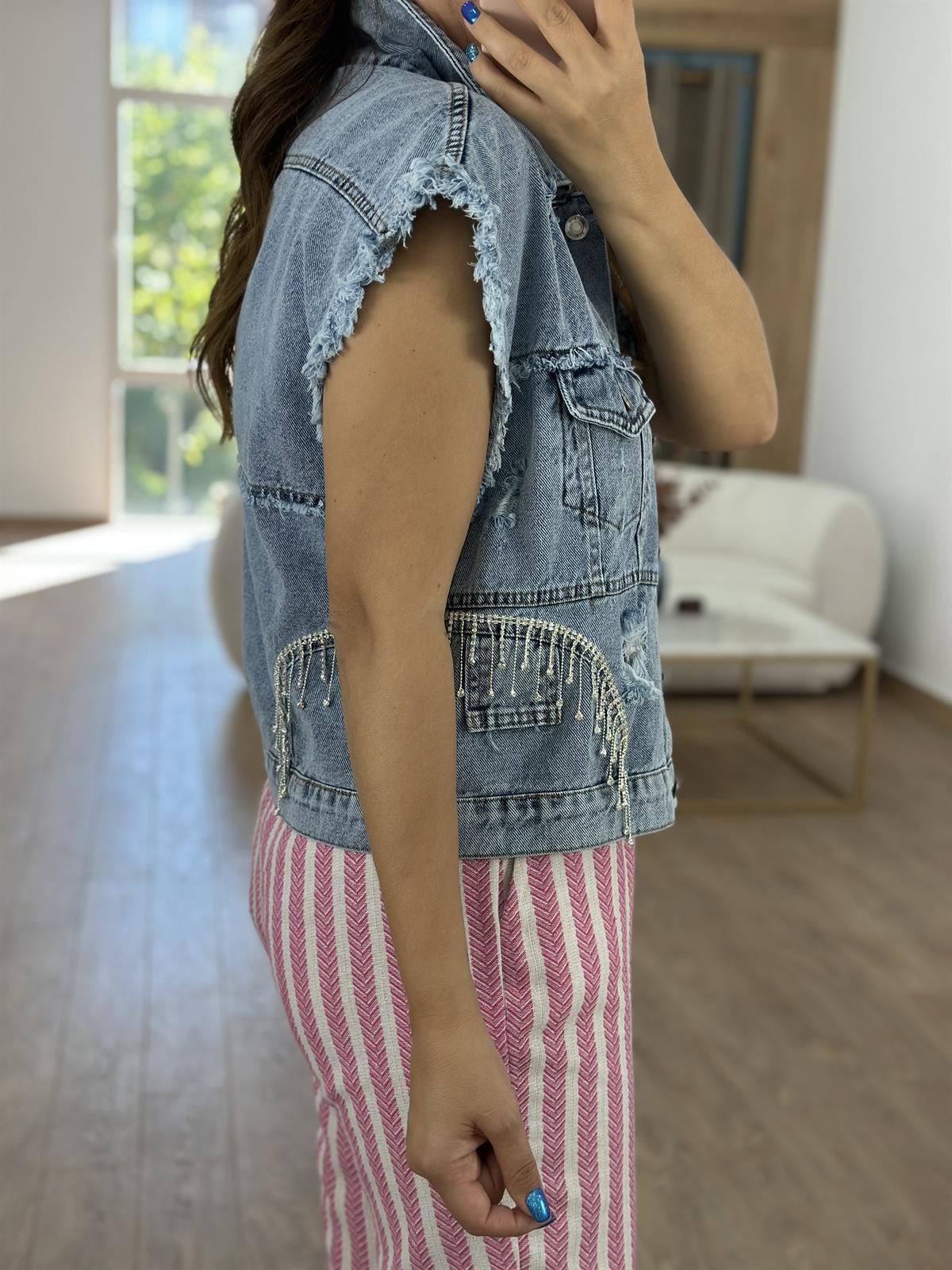 Marka Model Taşlı Jean Yelek