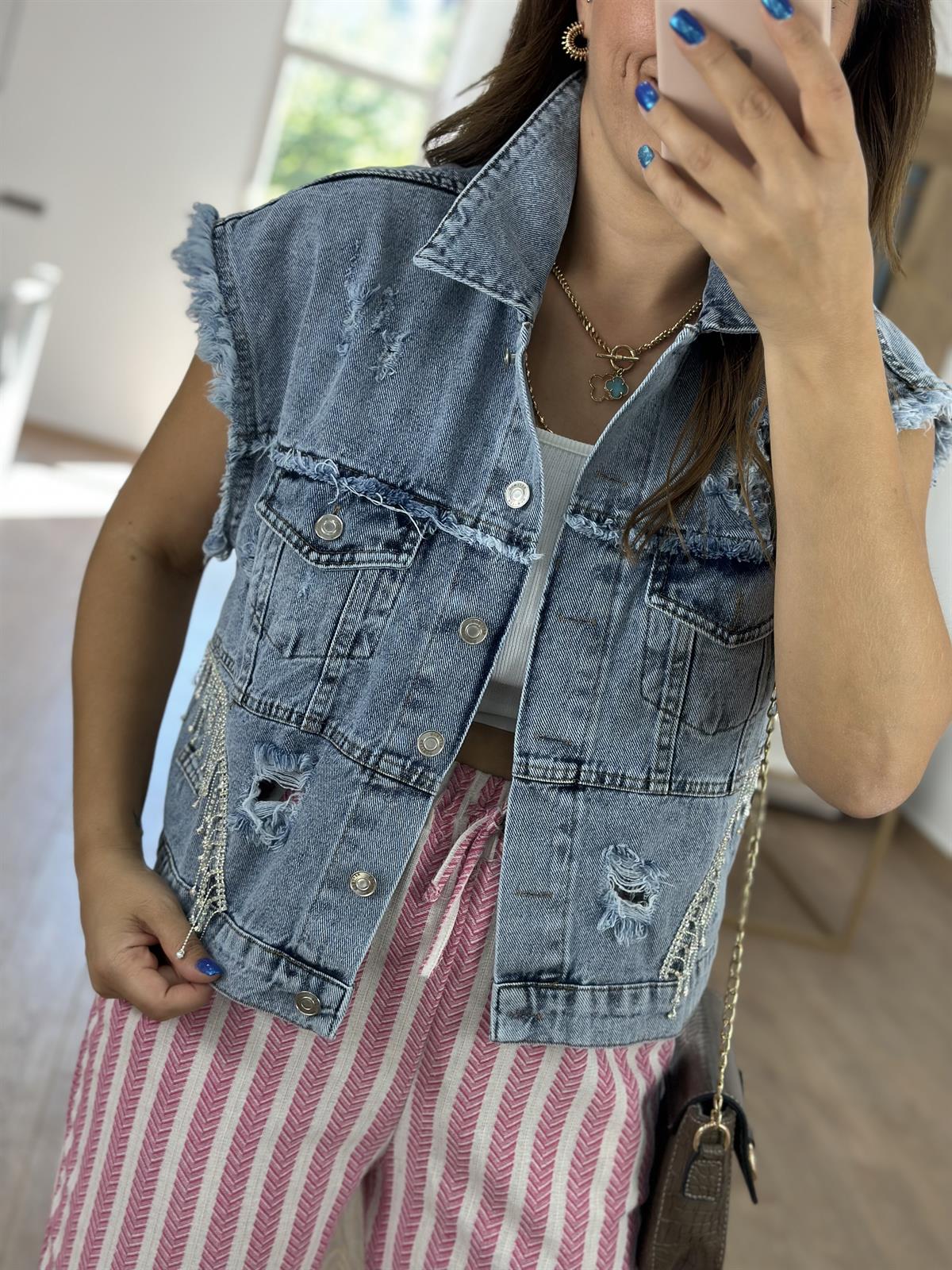 Marka Model Taşlı Jean Yelek