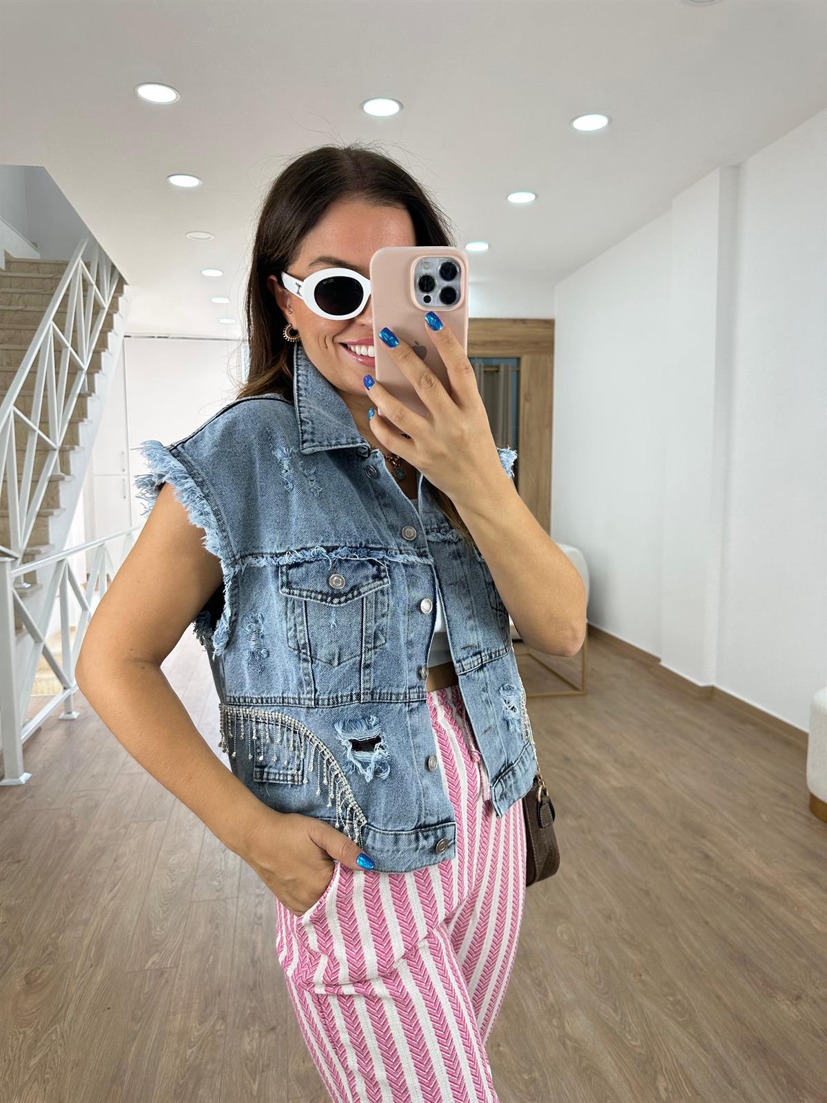 Marka Model Taşlı Jean Yelek