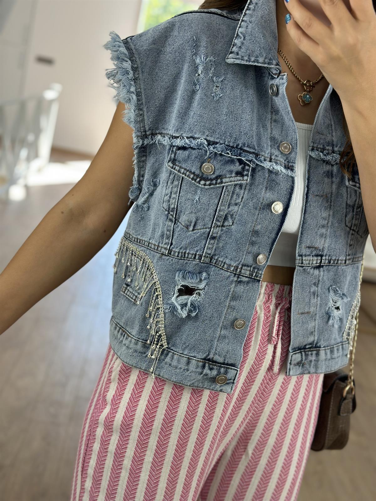 Marka Model Taşlı Jean Yelek