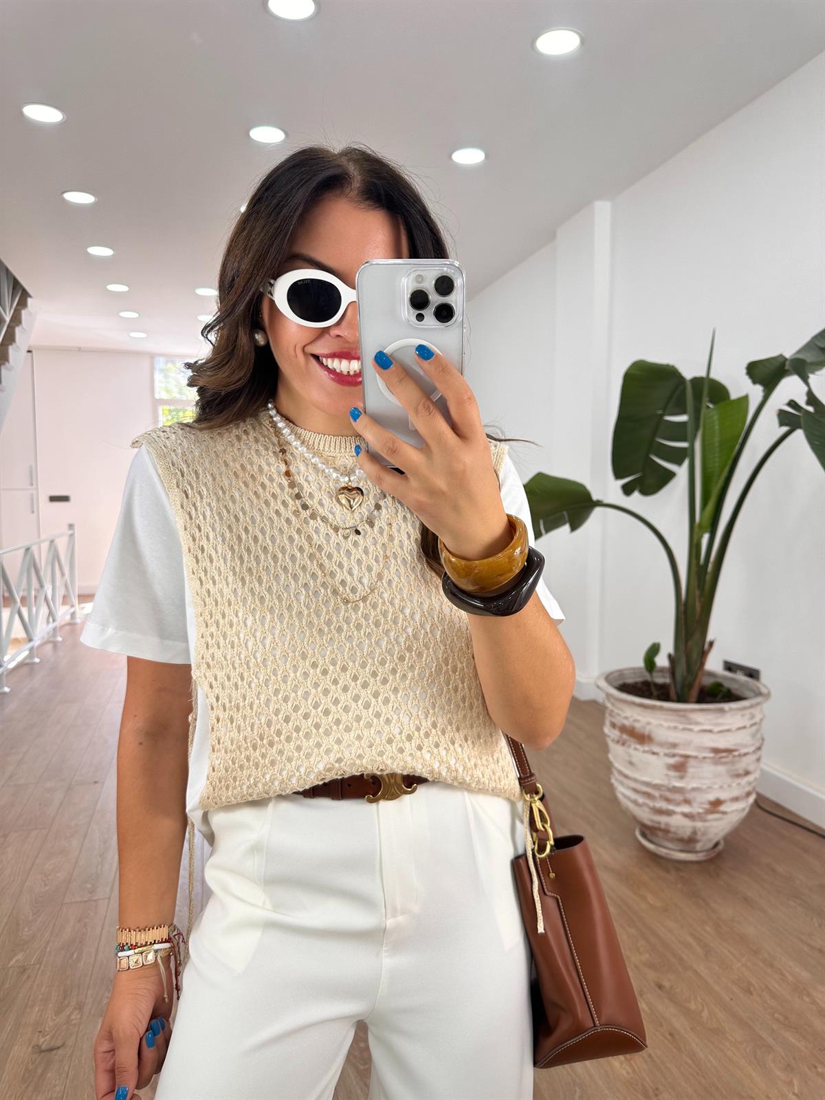 Marka Model Triko Garnili Tshirt - Bej