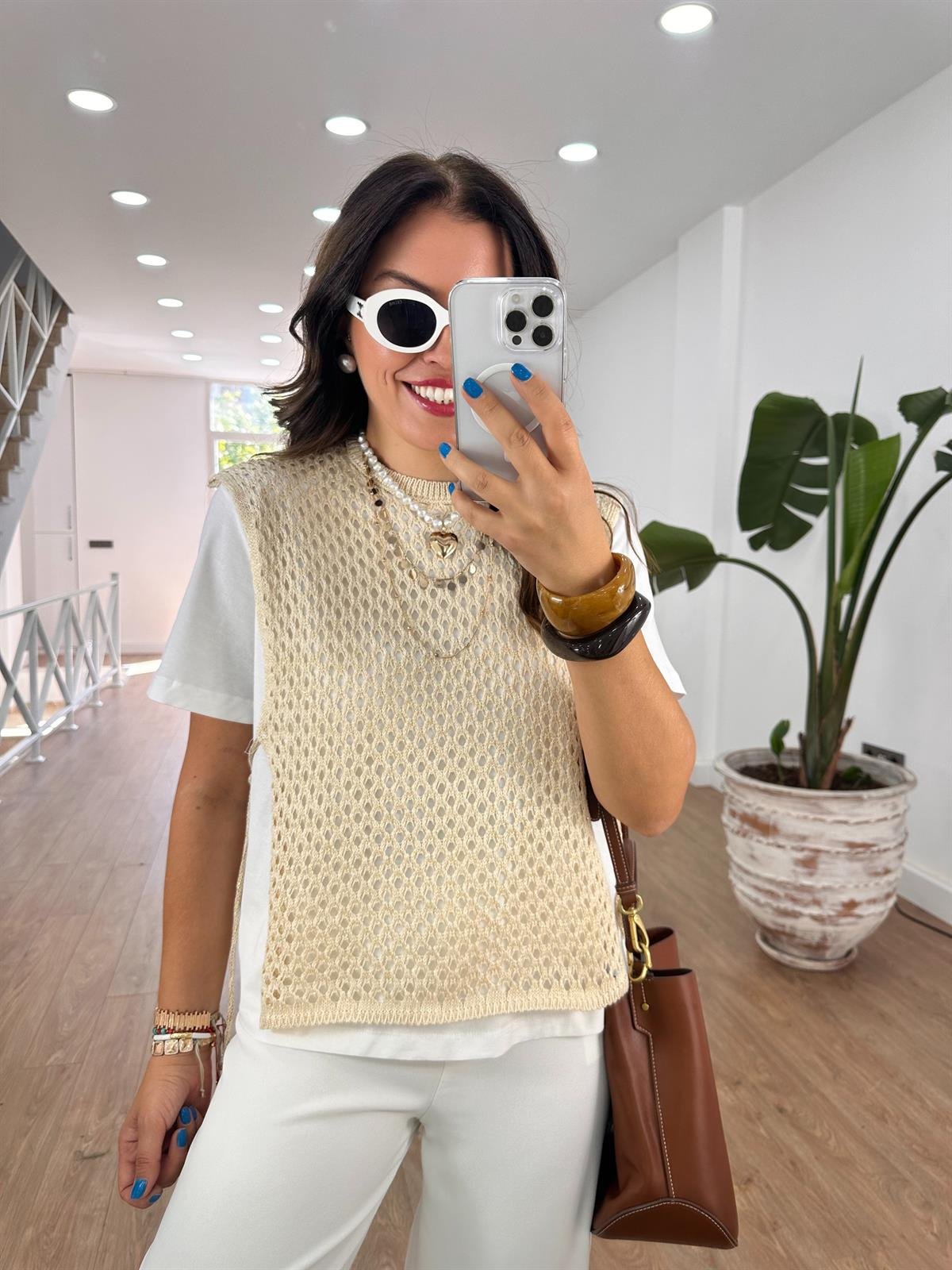 Marka Model Triko Garnili Tshirt - Bej