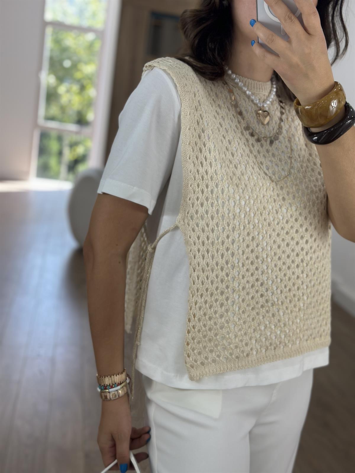 Marka Model Triko Garnili Tshirt - Bej