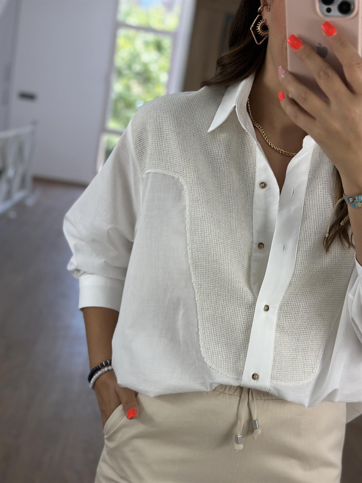 Marka Model Yaka Detaylı Gömlek-Ekru