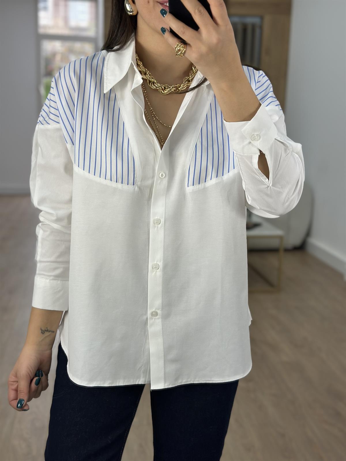 Mavi Çizgi Detaylı Salaş Gömlek