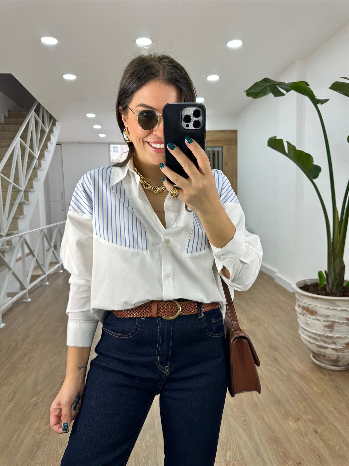 Mavi Çizgi Detaylı Salaş Gömlek