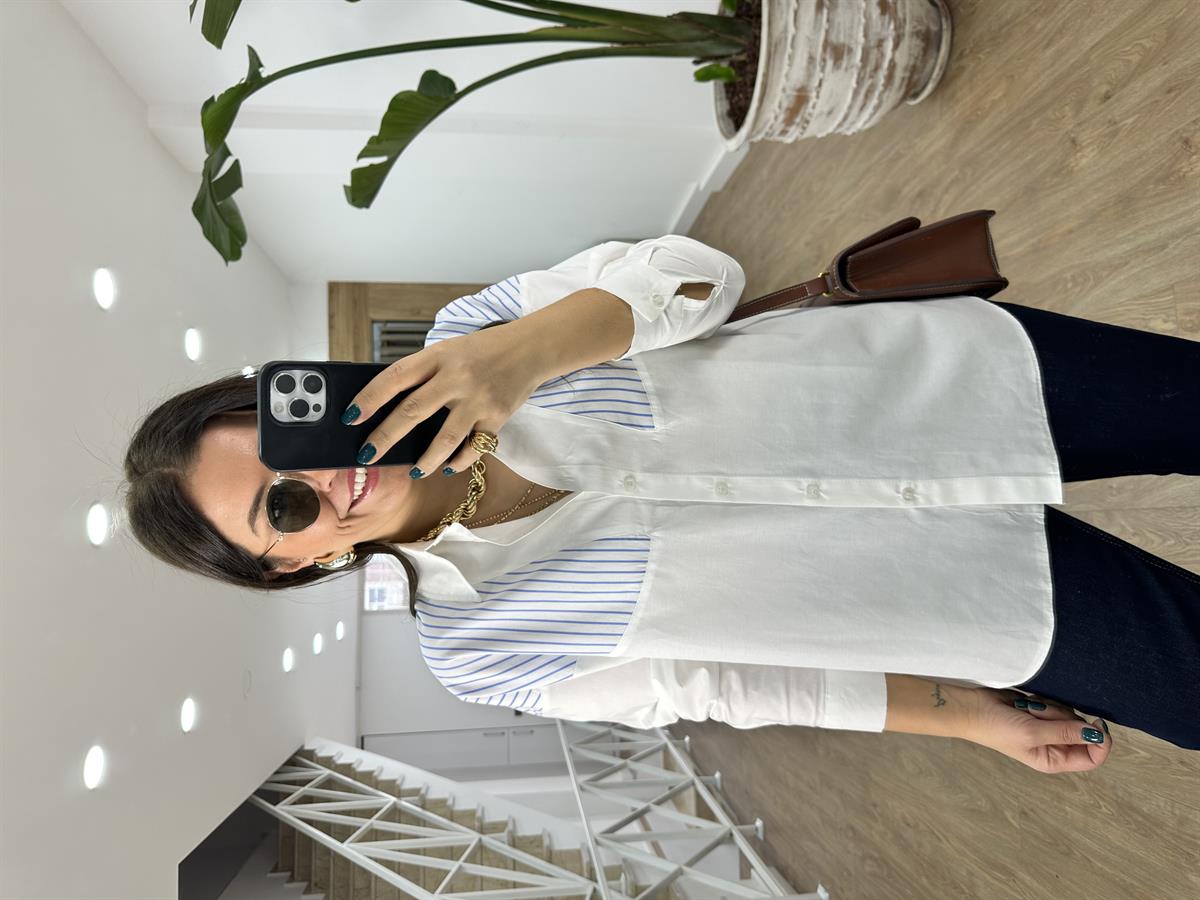 Mavi Çizgi Detaylı Salaş Gömlek