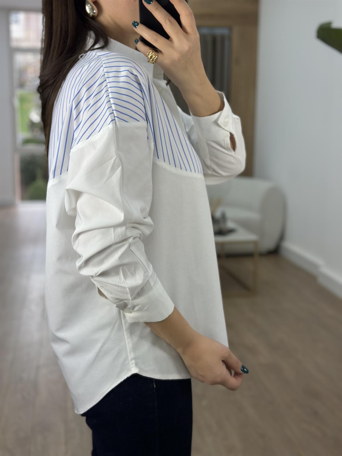 Mavi Çizgi Detaylı Salaş Gömlek