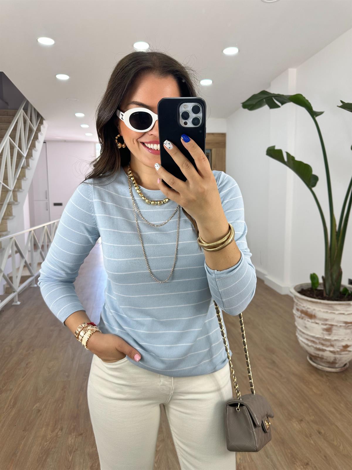 Mavi Üzeri Beyaz Çizgili İnce Merserize Triko