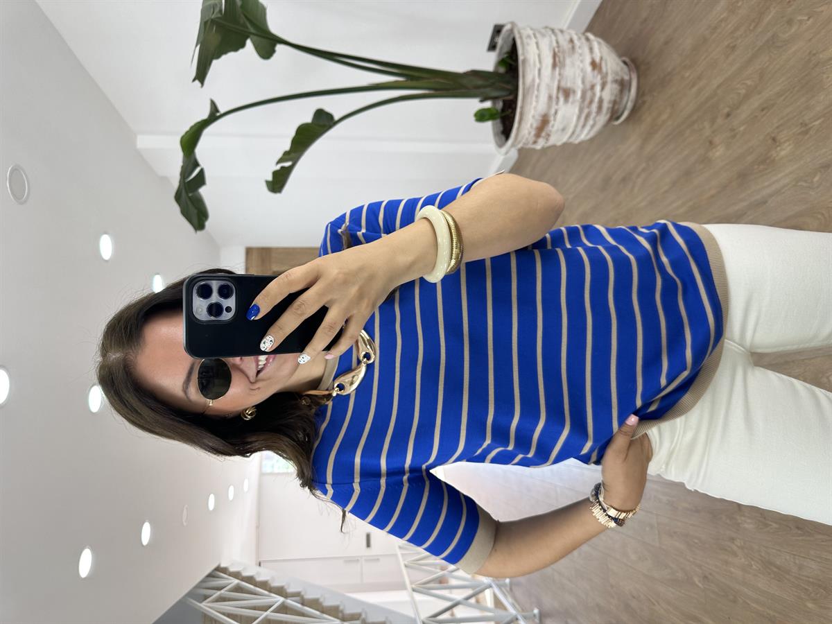 Mavi Üzeri Vizon Çizgili Merserize Triko