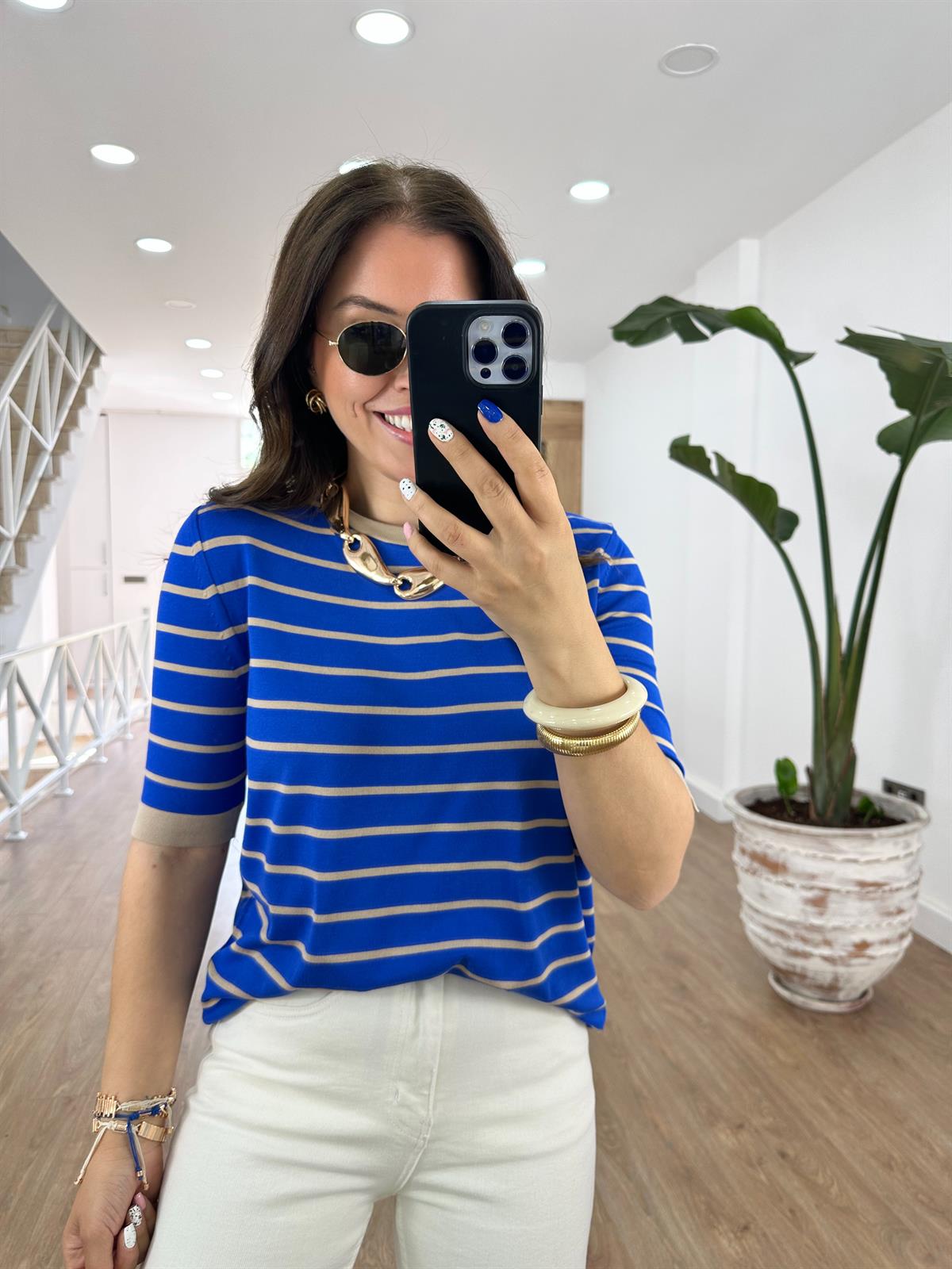 Mavi Üzeri Vizon Çizgili Merserize Triko