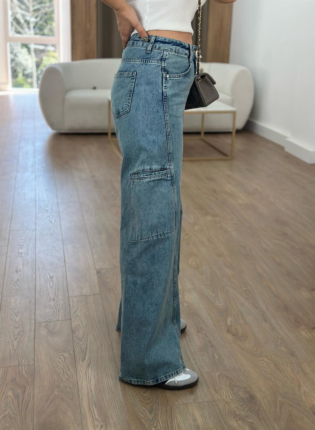 Mavi Yıkamalı Kargo Cepli Jean