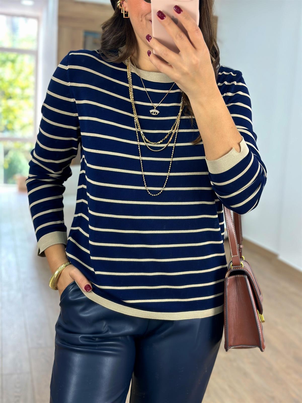 Çizgili Uzun Kollu Premium Triko-Lacivert Üzeri Vizon