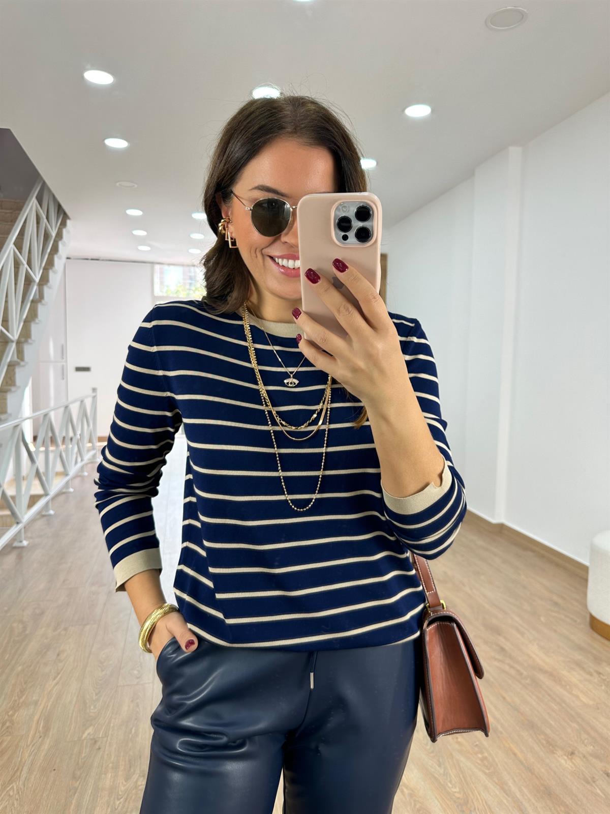 Çizgili Uzun Kollu Premium Triko-Lacivert Üzeri Vizon