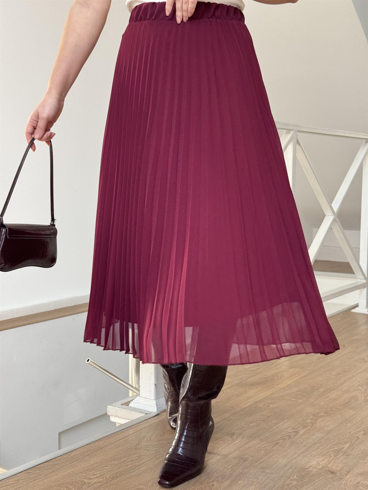 Midi Boy Pileli Şifon Etek - Bordo