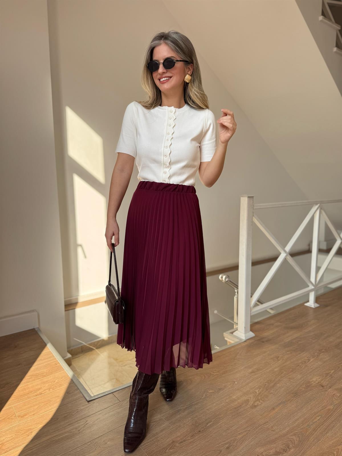 Midi Boy Pileli Şifon Etek - Bordo