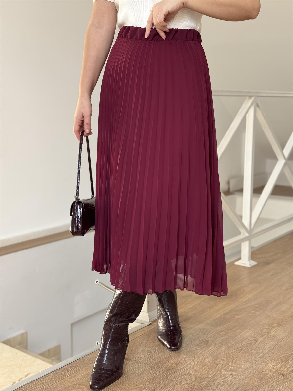 Midi Boy Pileli Şifon Etek - Bordo