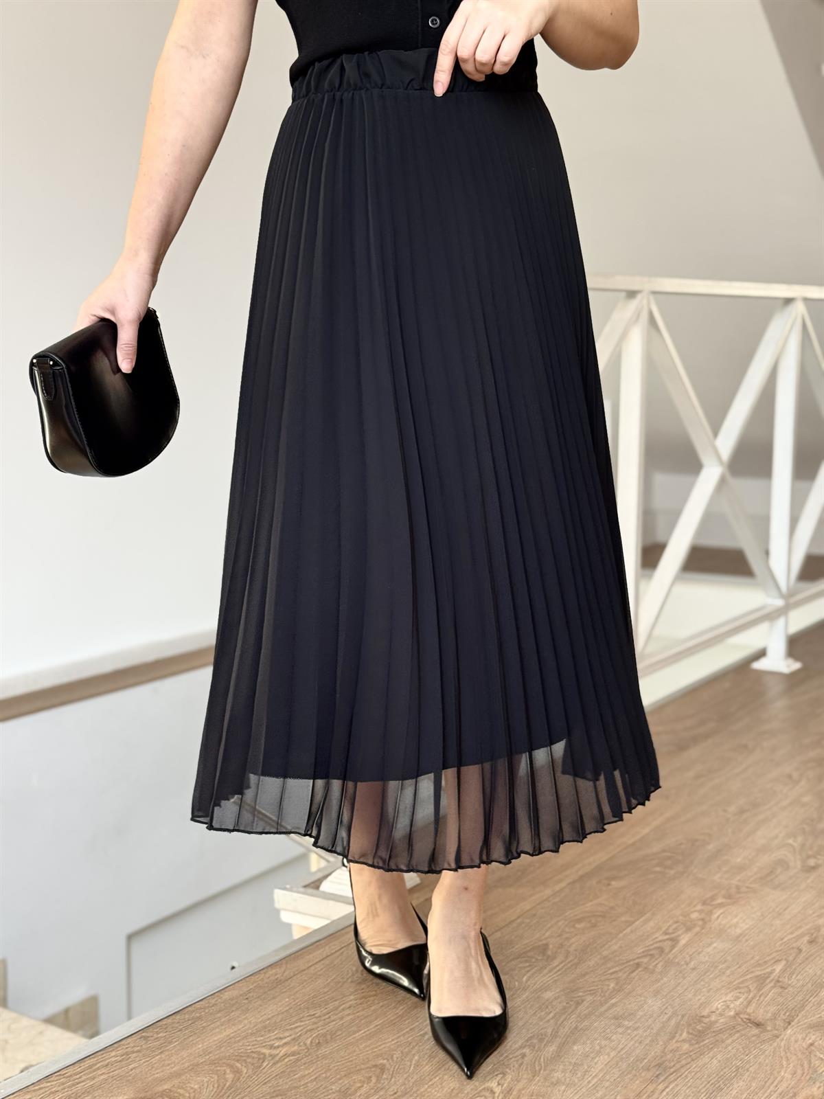 Midi Boy Pileli Şifon Etek - Siyah