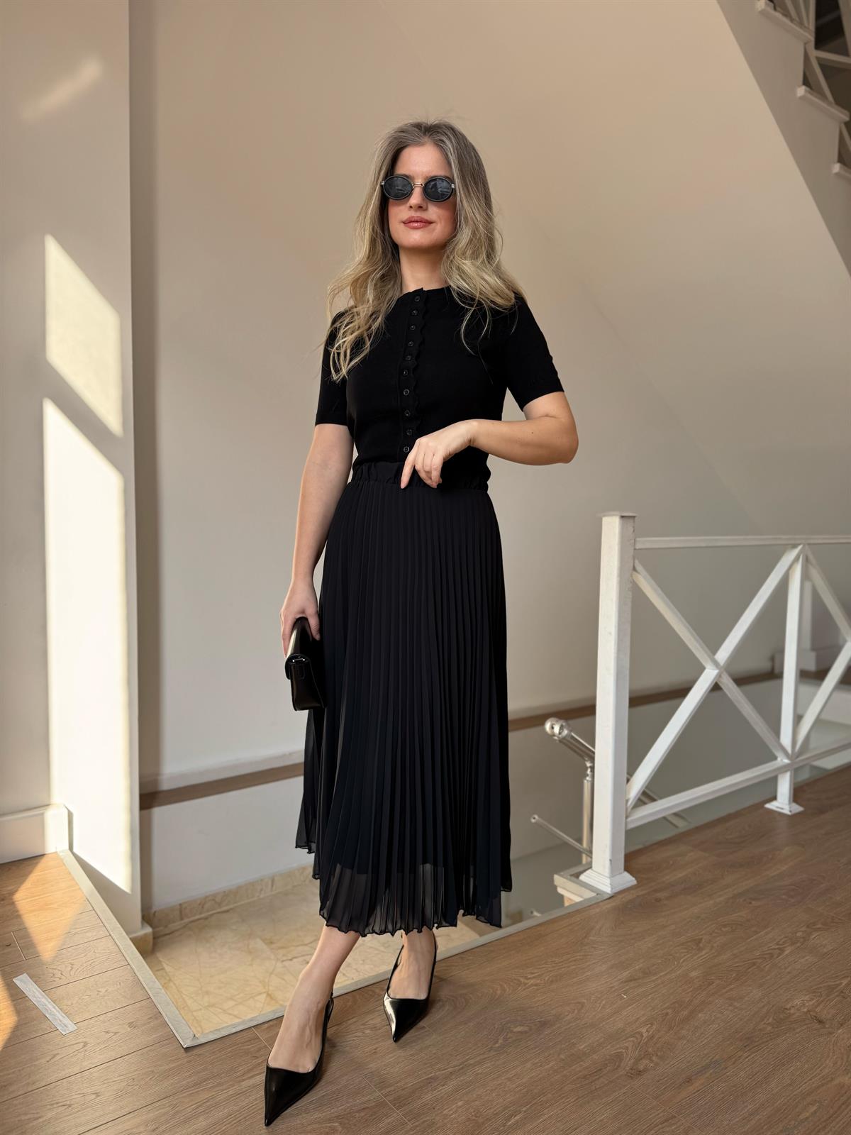 Midi Boy Pileli Şifon Etek - Siyah