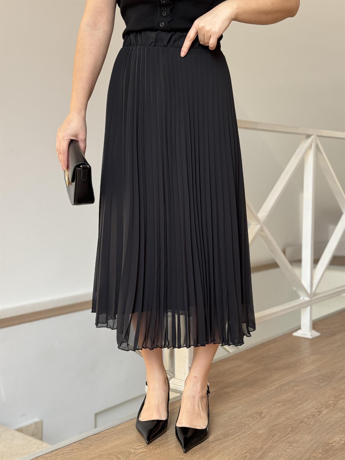 Midi Boy Pileli Şifon Etek - Siyah