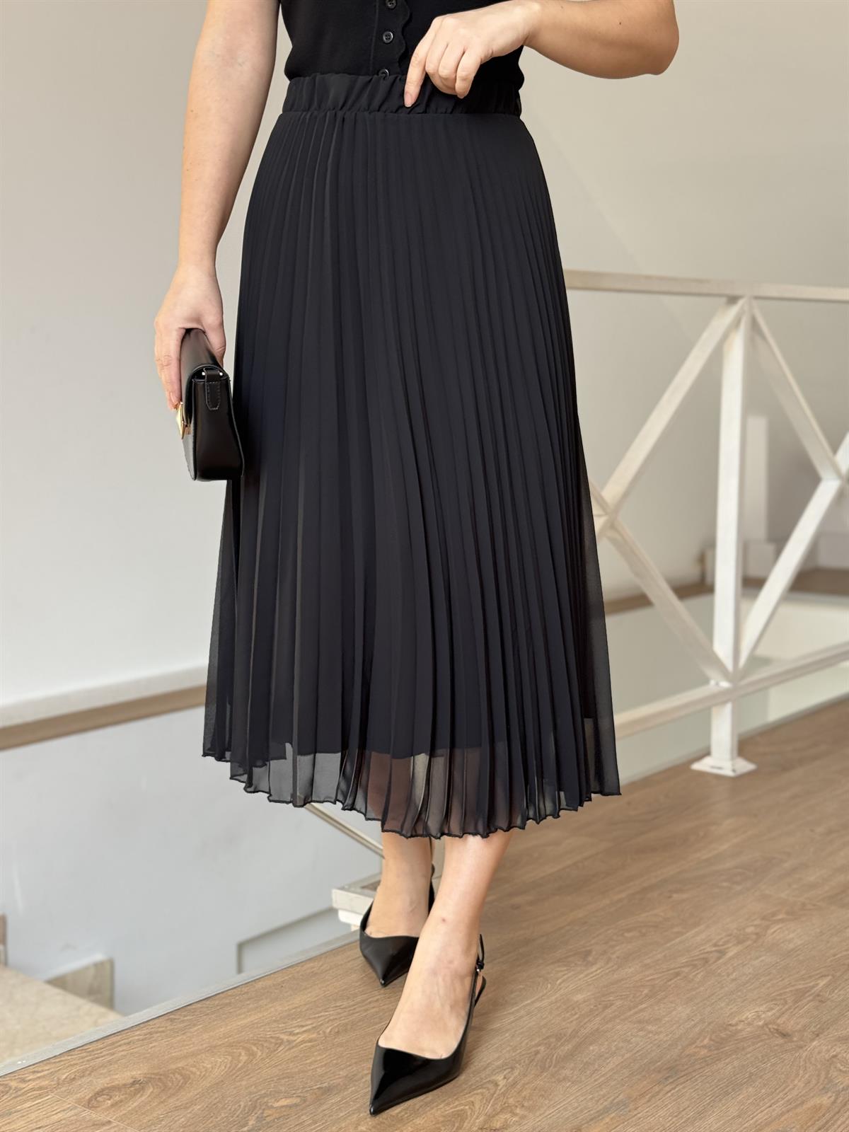 Midi Boy Pileli Şifon Etek - Siyah