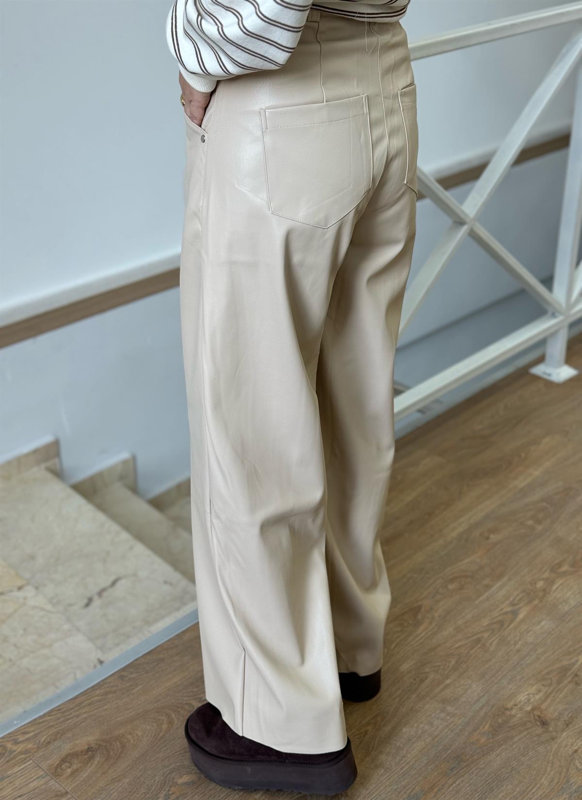 Mini Cep Detaylı Deri Pantolon - Bej 