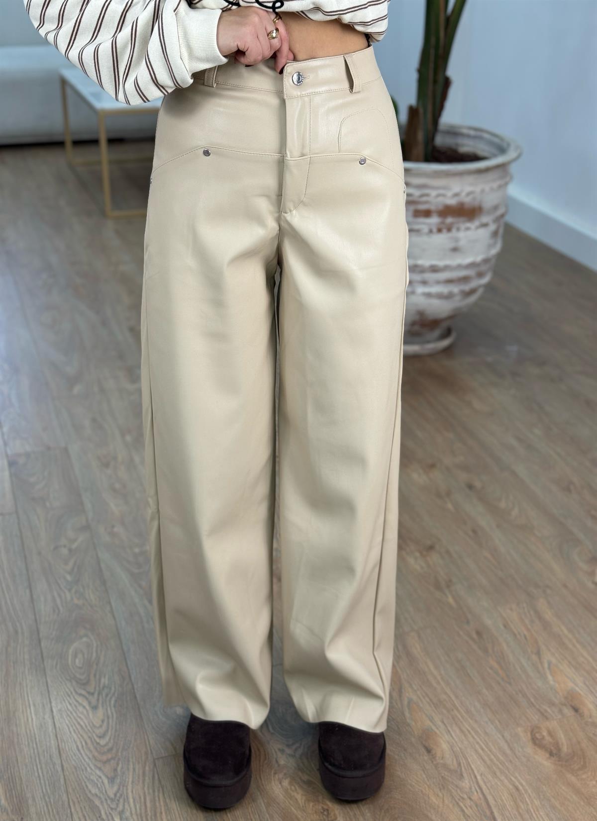 Mini Cep Detaylı Deri Pantolon - Bej 