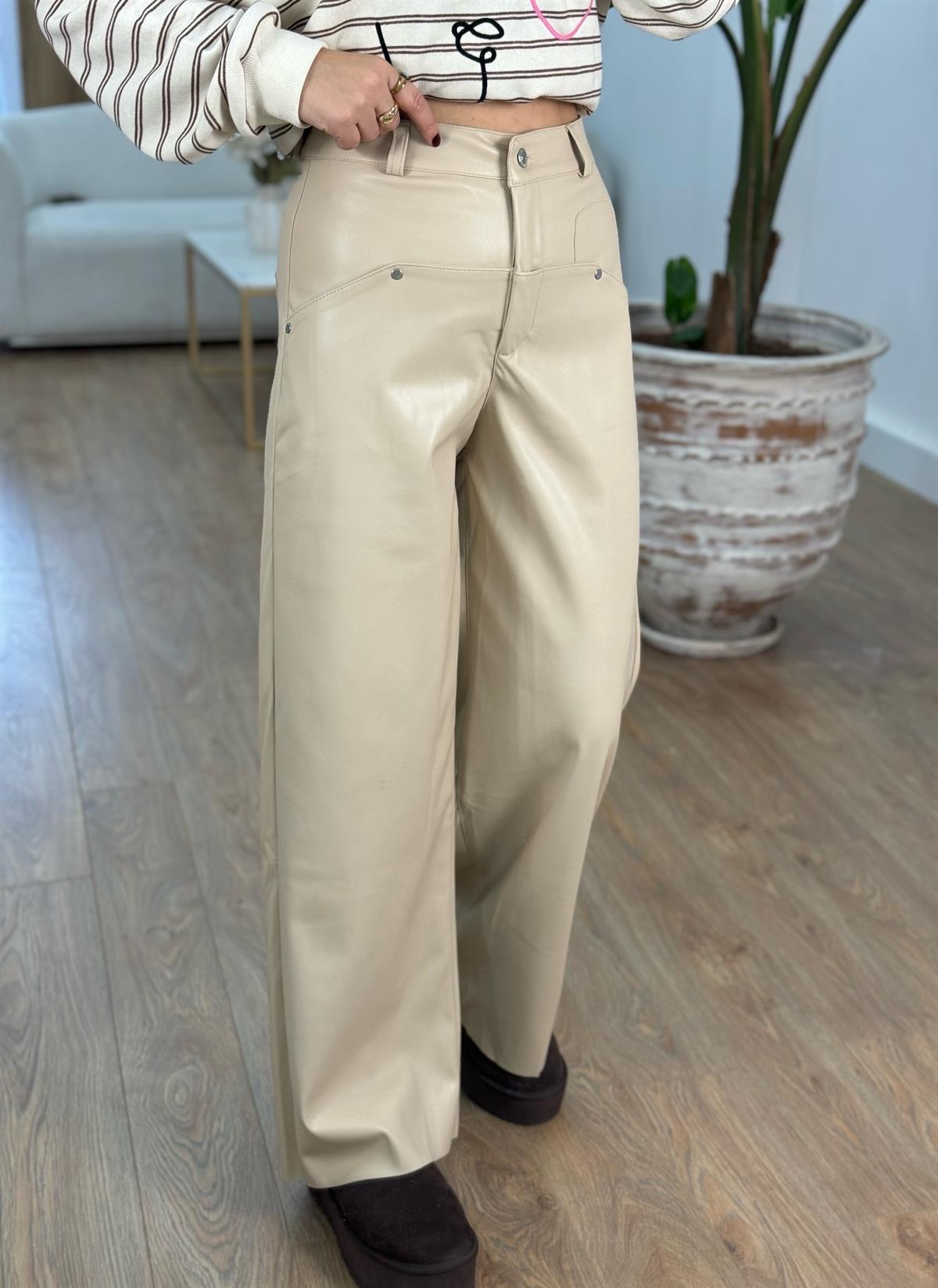 Mini Cep Detaylı Deri Pantolon - Bej 