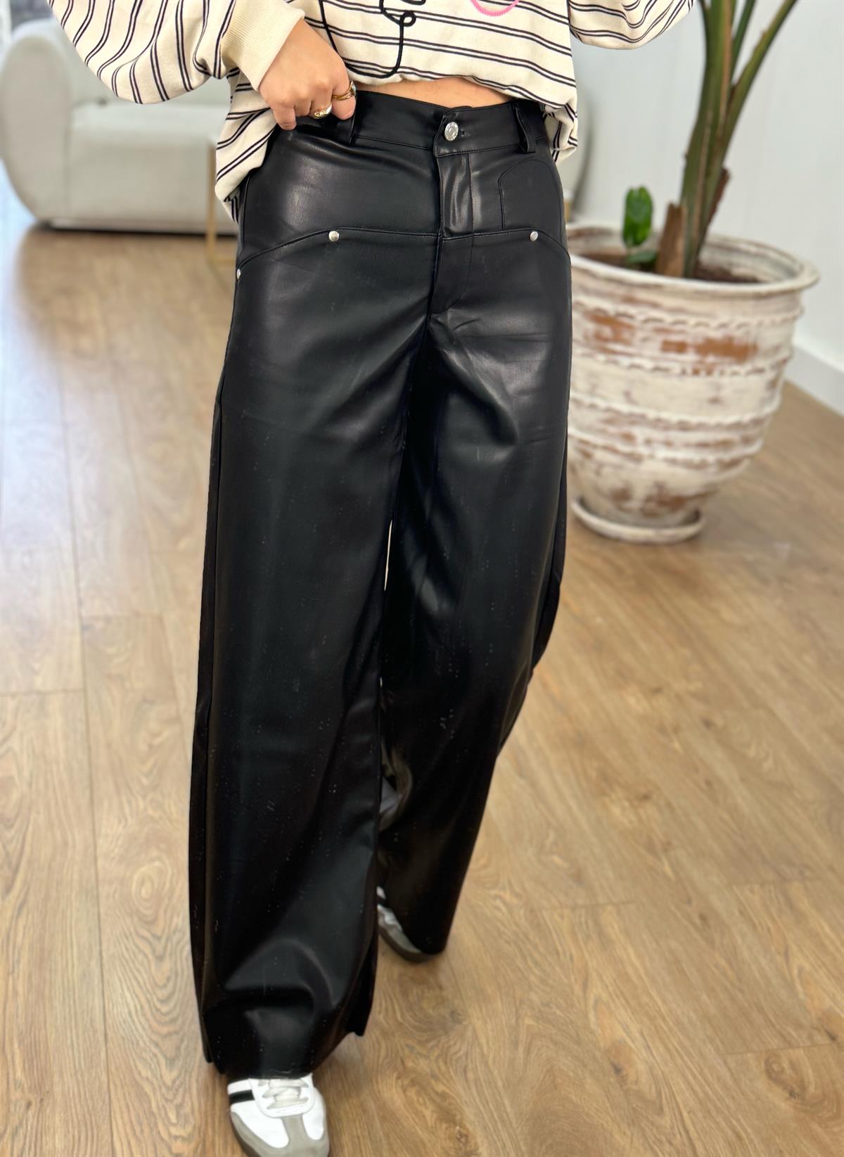 Mini Cep Detaylı Deri Pantolon - Siyah