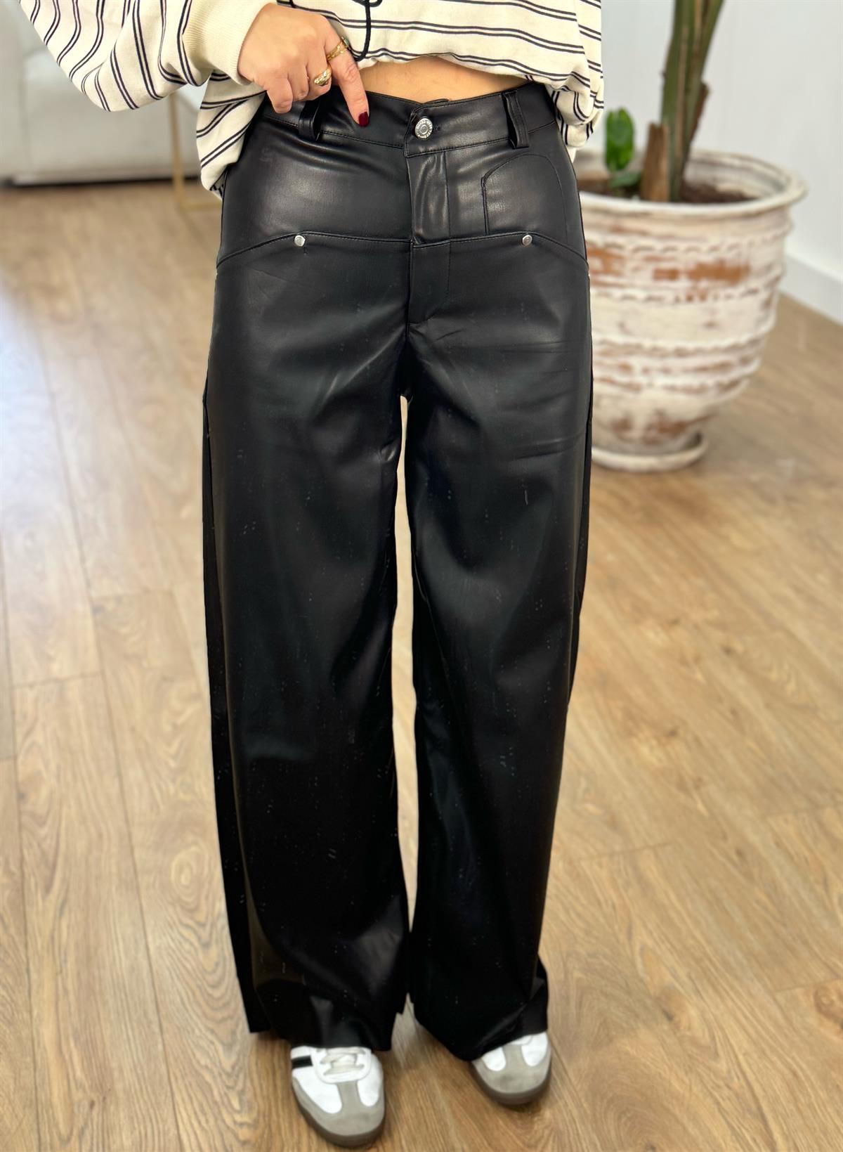 Mini Cep Detaylı Deri Pantolon - Siyah