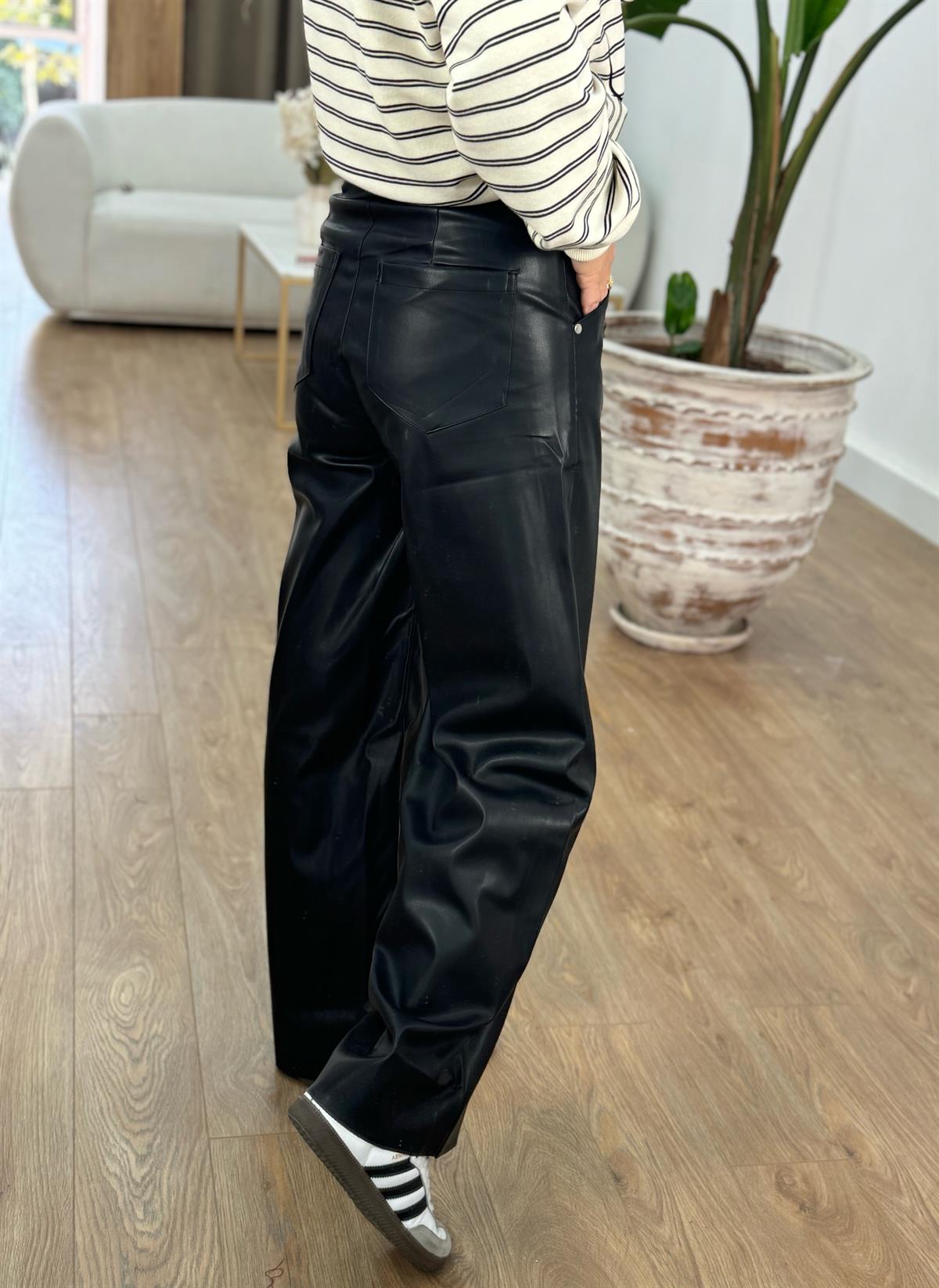 Mini Cep Detaylı Deri Pantolon - Siyah