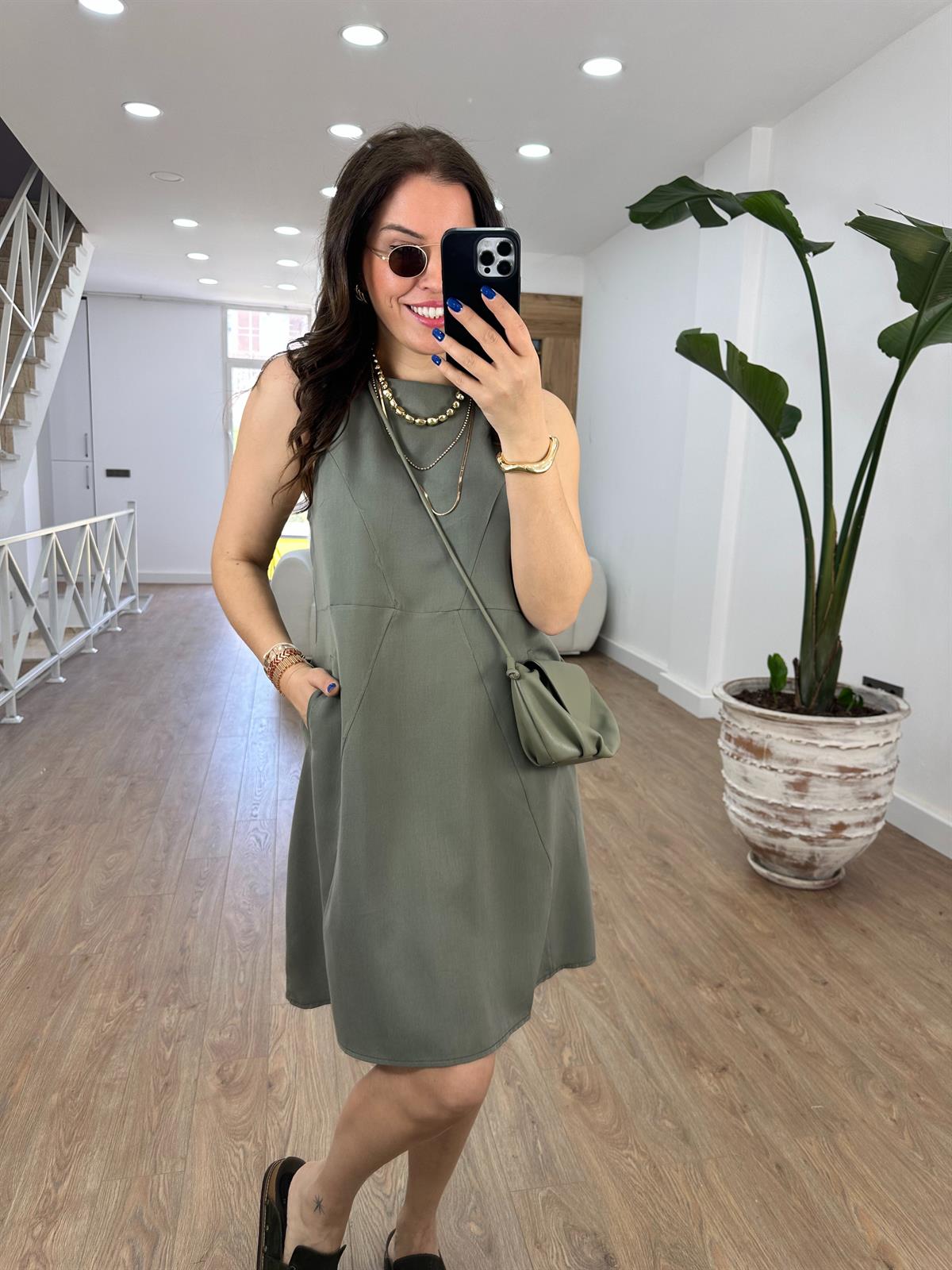 Modal Kumaş Cepli Premium Elbise-Haki