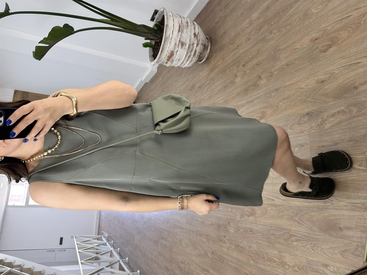 Modal Kumaş Cepli Premium Elbise-Haki