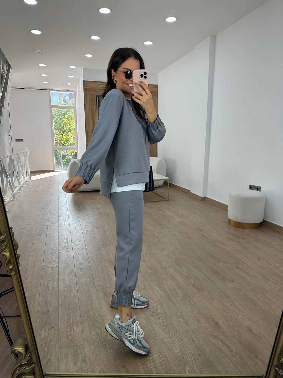 Modal Kumaş Dikiş Detaylı Eşofman Takımı-Gri