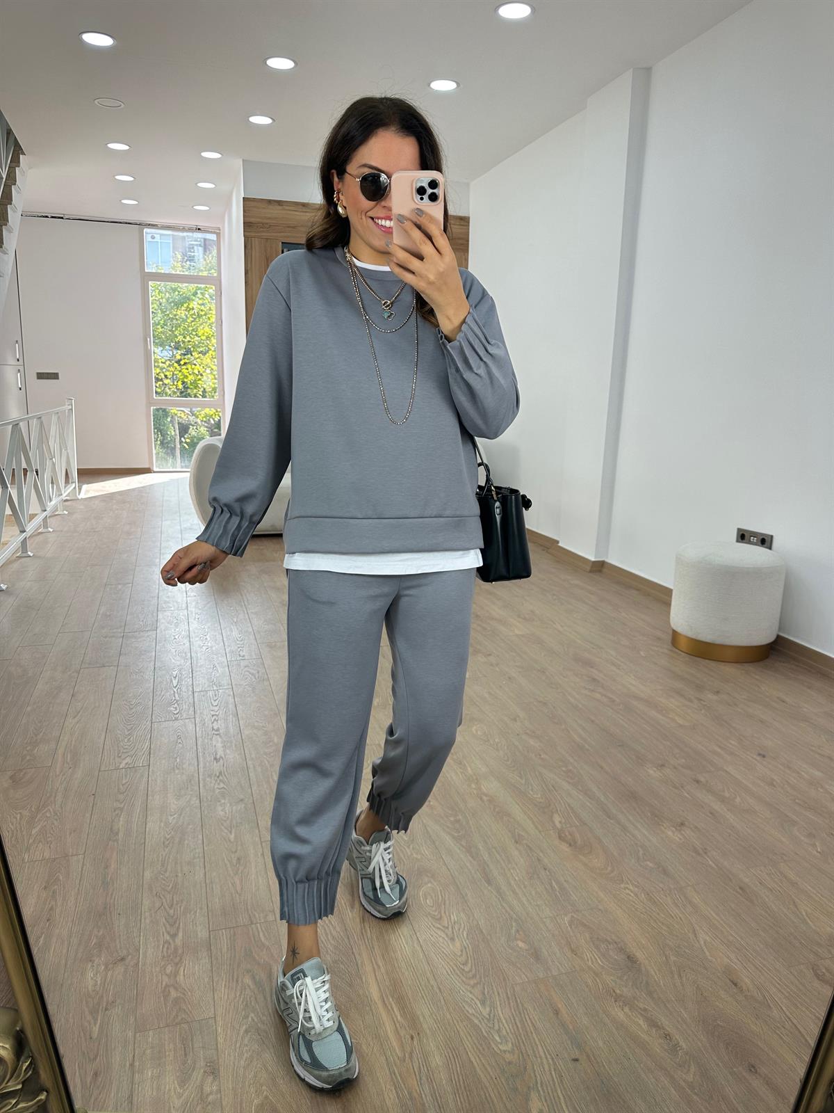 Modal Kumaş Dikiş Detaylı Eşofman Takımı-Gri