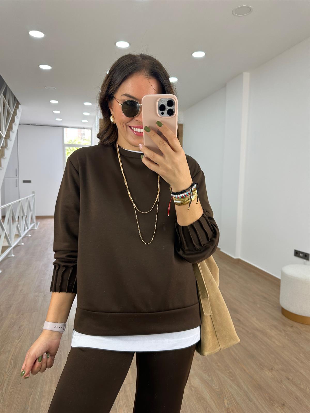 Modal Kumaş Dikiş Detaylı Eşofman Takımı-Kahverengi