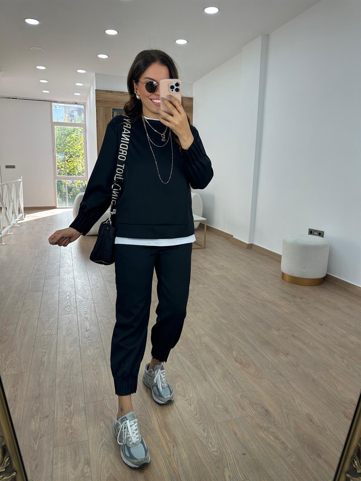 Modal Kumaş Dikiş Detaylı Eşofman Takımı-Siyah