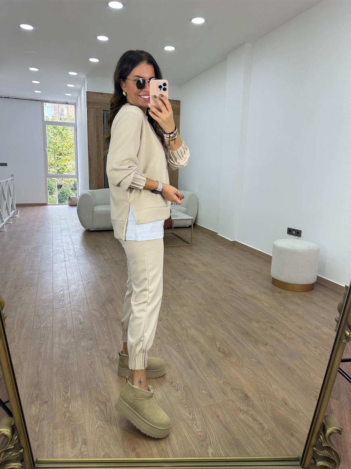 Modal Kumaş Dikiş Detaylı Eşofman Takımı-Taş