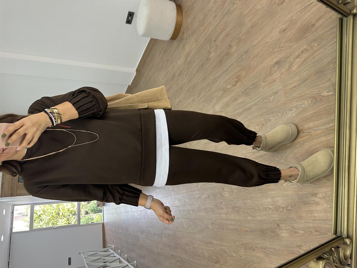 Modal Kumaş Dikiş Detaylı Eşofman Takımı-Kahverengi