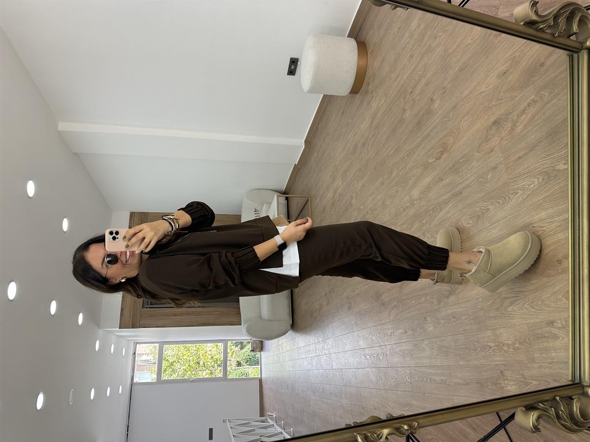 Modal Kumaş Dikiş Detaylı Eşofman Takımı-Kahverengi